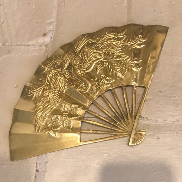 VTG/MCM Brass Asian Fan with Phoenix Dragon Wall/Table Decor - Picture 1 of 6